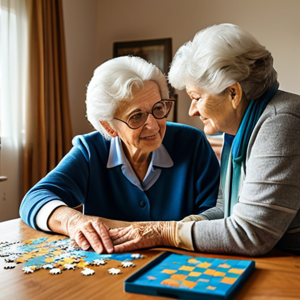 치매관리사 주요 업무와 실무 사례 - **
"A kind, fully clothed caregiver assisting a senior woman (80s) with a puzzle in a sunny living ...