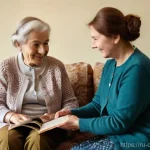 치매관리사 취업 시 우선순위 정하기 - **Prompt:** A compassionate female caregiver, approximately 30-40 years old, with a gentle smile, is...