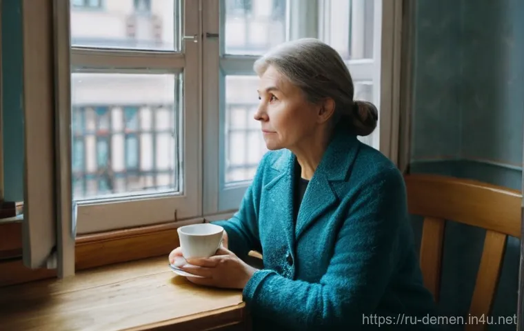 치매관리사 업무 중 발생하는 윤리적 문제 - **Prompt:** A candid scene showing a female Russian caregiver (in her 40s or 50s) and an elderly Rus...