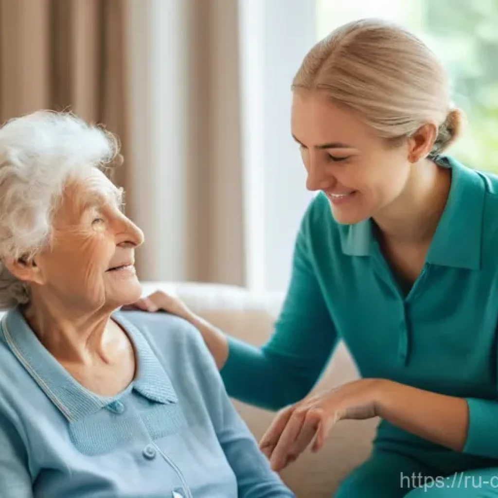 치매관리사 취업 성공 스토리 - **Prompt:** A compassionate female caregiver, in her 30s-40s, with a gentle smile, is sitting beside...