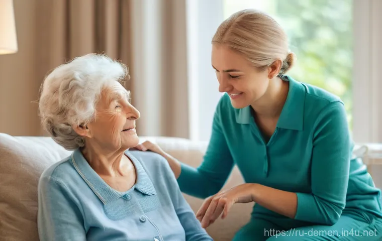 치매관리사 취업 성공 스토리 - **Prompt:** A compassionate female caregiver, in her 30s-40s, with a gentle smile, is sitting beside...