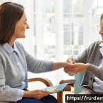 치매관리사 필기시험과 실기시험 차이 - **A kind, elderly nurse assisting a senior woman with Alzheimer's in a cozy, sunlit living room.** T...